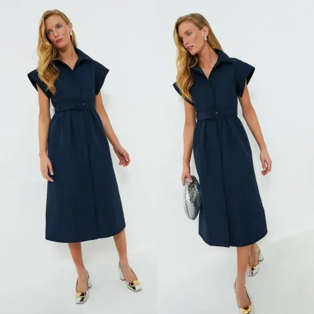 Tuckernuck NEW with Tags Navy Blue Chloe Collared Belted Shirt Midi Dress Size S